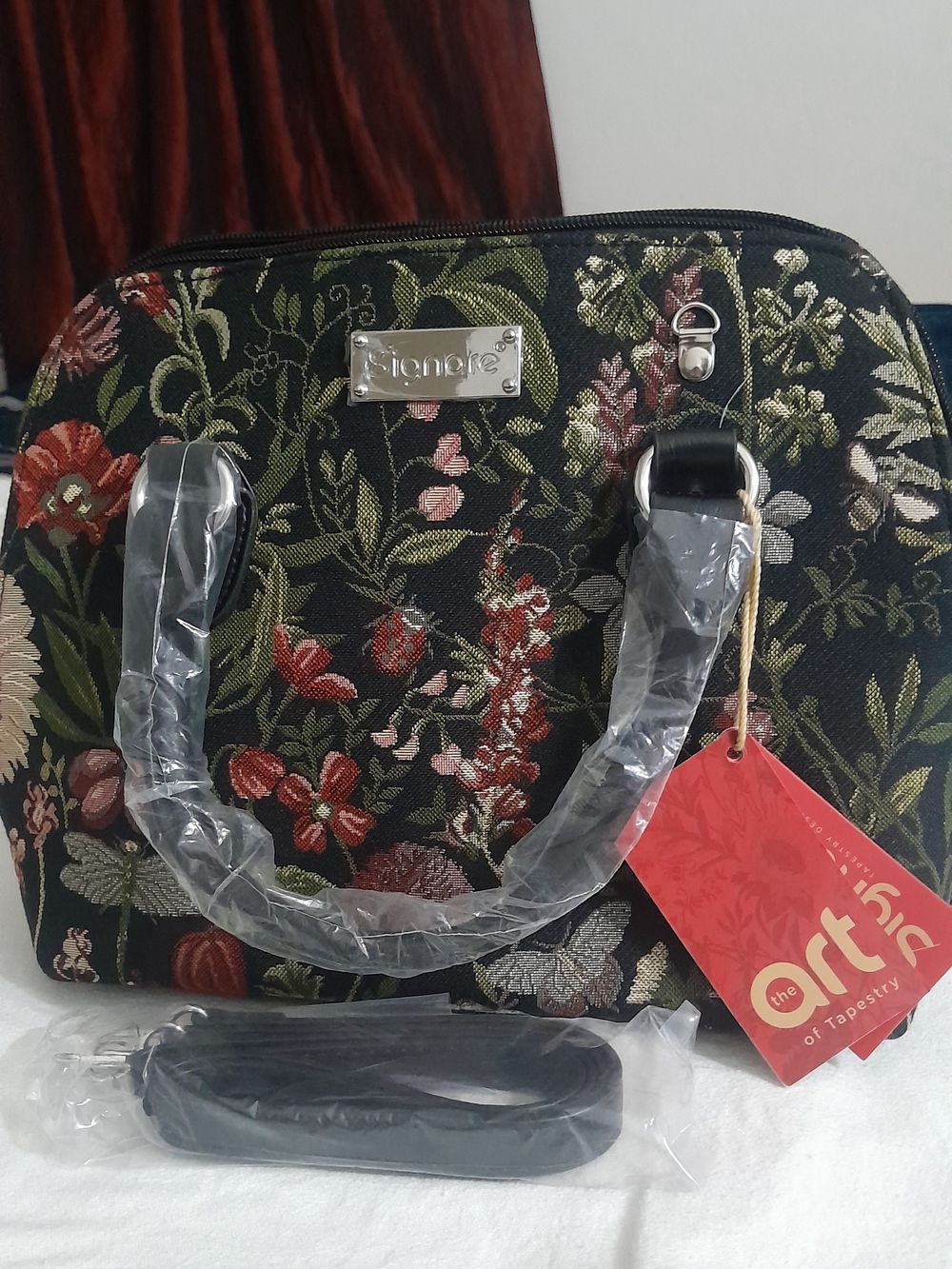 Signare Black Floral Tapestry Satchel with Top Handles
